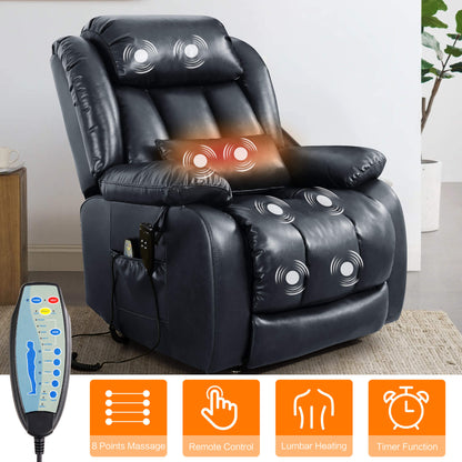 Navy recliner chair with massage and heating functions, with remote control in a living room setting.