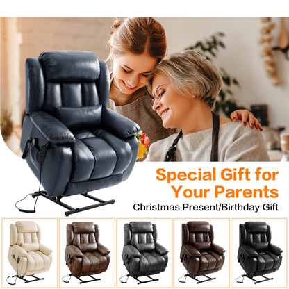 Navy leather recliner chair with a woman and elderly woman, text 'Special Gift for Your Parents', and images of other five color recliner chairs.