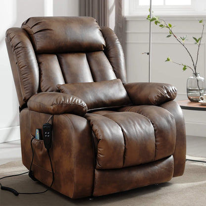 Ochre leather recliner chair in a living room setting, facing sideways.