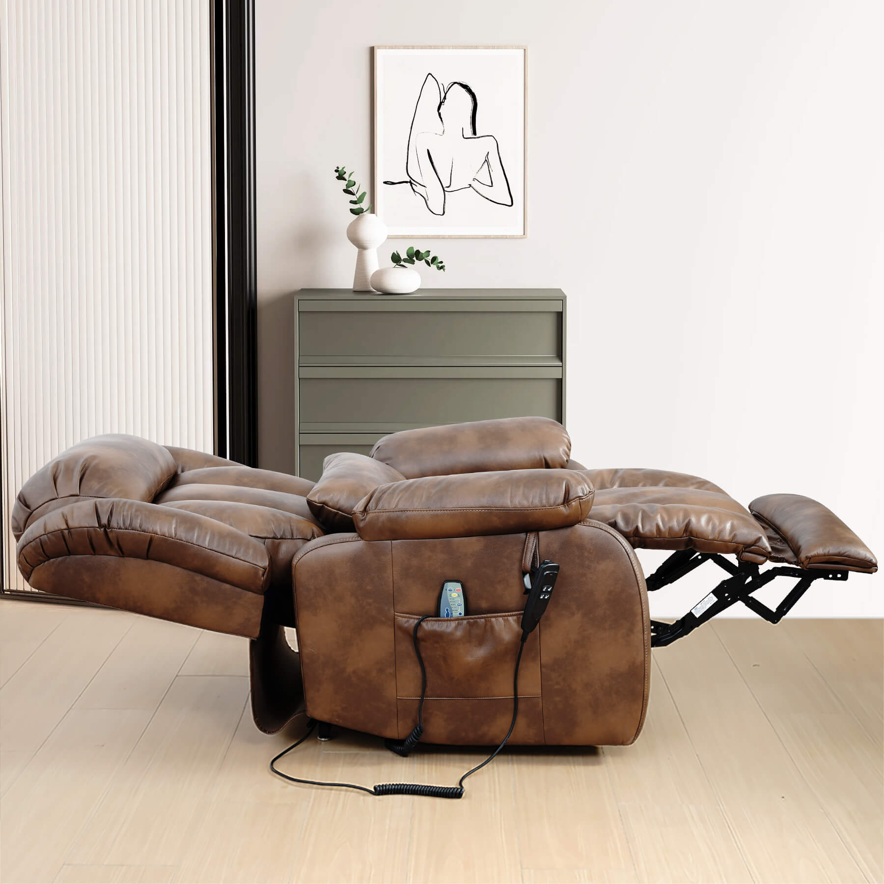 Ochre leather recliner lies flat in the room.