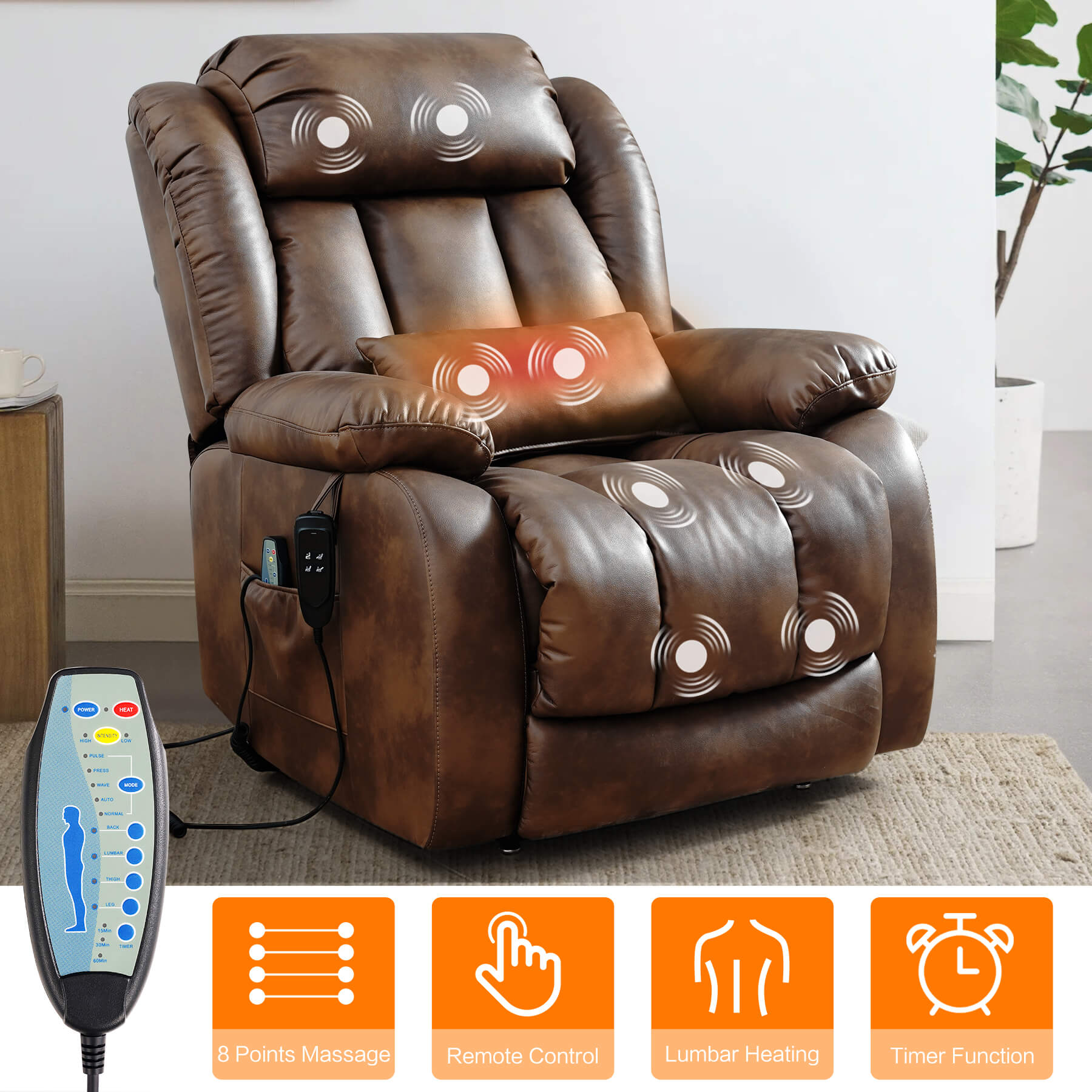Ochre recliner chair with massage and heating functions, with remote control in a living room setting